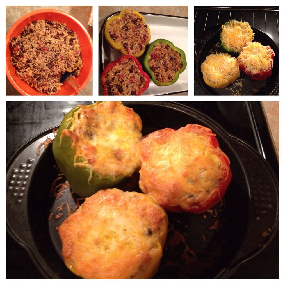 1) Mix rice, tomatoes, beans, onions, 1 1/2 c. of cheese, seasonings. 2) Fill peppers with rice mixture. 3) Cover filled peppers with remainder of shredded cheese. 4) Bake at 350 for 30 minutes.