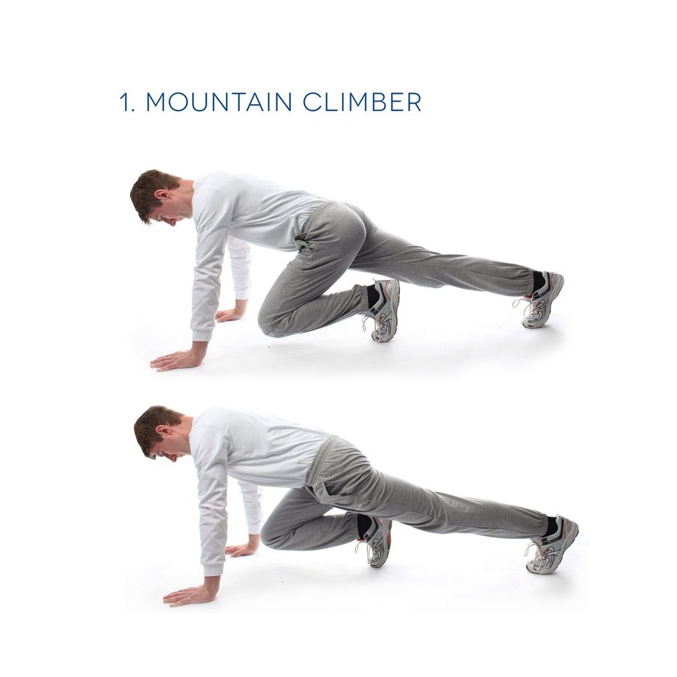 1. Mountain Climber - Let's get started. Starting in the press-up position, jump one knee in. As you jump this knee back to its starting position, bring your opposite knee in. Do this for 45 seconds.