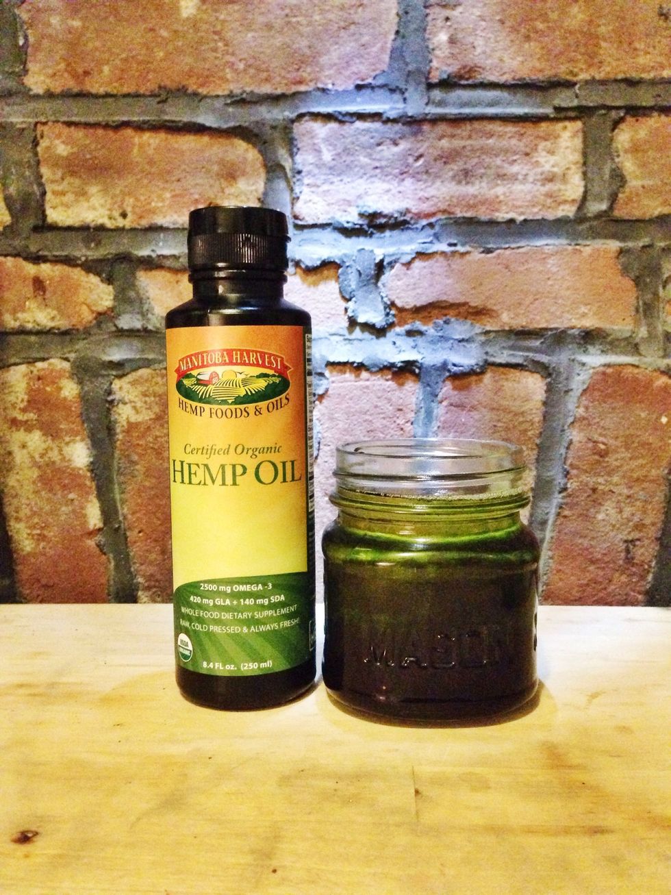 1 part hemp seed oil. Hemp seed oil is a wonder oil. Needs to be refrigerated. I usually refrigerate the oil mixture but haven't noticed any spoiling if I forget.