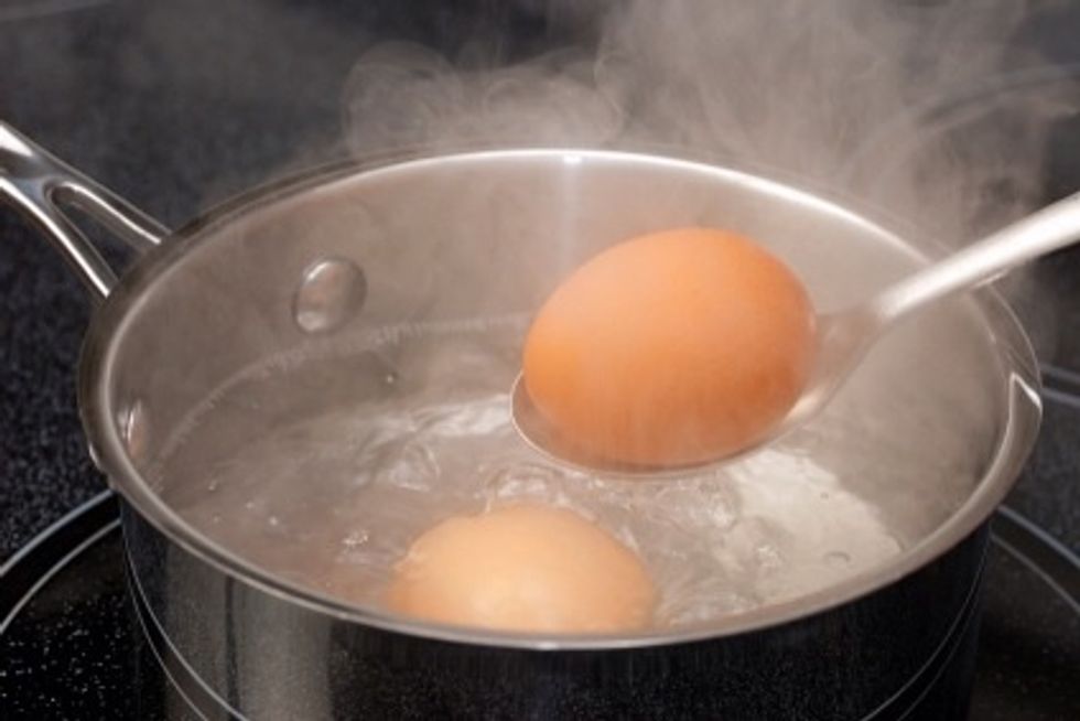 1.Place eggs in a large saucepan. Cover them with cool water by 1 inch. Slowly bring water to a boil over medium heat; when the water has reached a boil, cover and remove from heat. Wait 12 minutes.