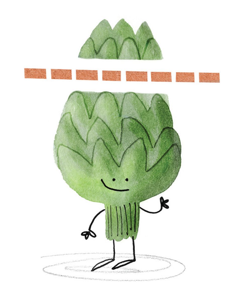 1. Place the artichoke on its side and cut off the top two rows. Ask a parent to help!