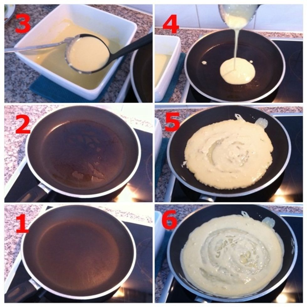1) Preheat pan; 2) Add olive oil; 3) Use soup spoon to scoop mixture; 4) Add mix. 5) Add more until bottom is covered; 6) Spread it out carefully