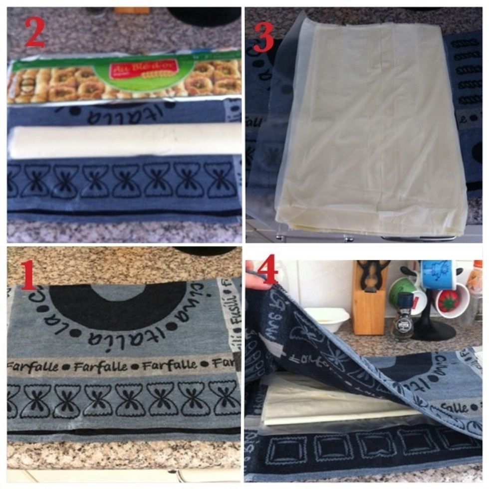 1. Prepare a clean dampen kitchen towel; 2. Unpack phyllo dough; 3. Place phyllo dough on towel; 4. Cover with towel to prevent from drying out. Remember to cover up again everytime taking one out.