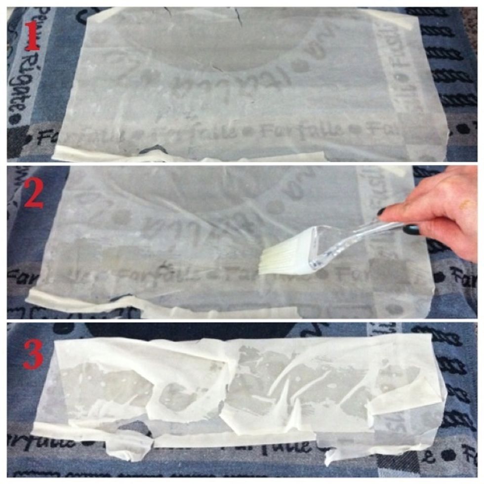 1. Put a piece phyllo dough on dampen towel; 2. Coat olive oil to half way the phyllo; 3. Flip over the upper side to the under side. As you see they stick to each other immediately.