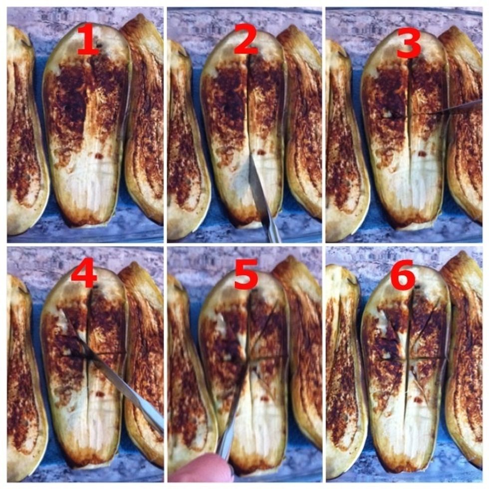 1) Put eggplants on baking dish; 2) Make a vertical cut carefully; 3) Make a horizontal cut; 4) Followed by diagonal; 5) Now diagonally to the other side; 6) Should look like this