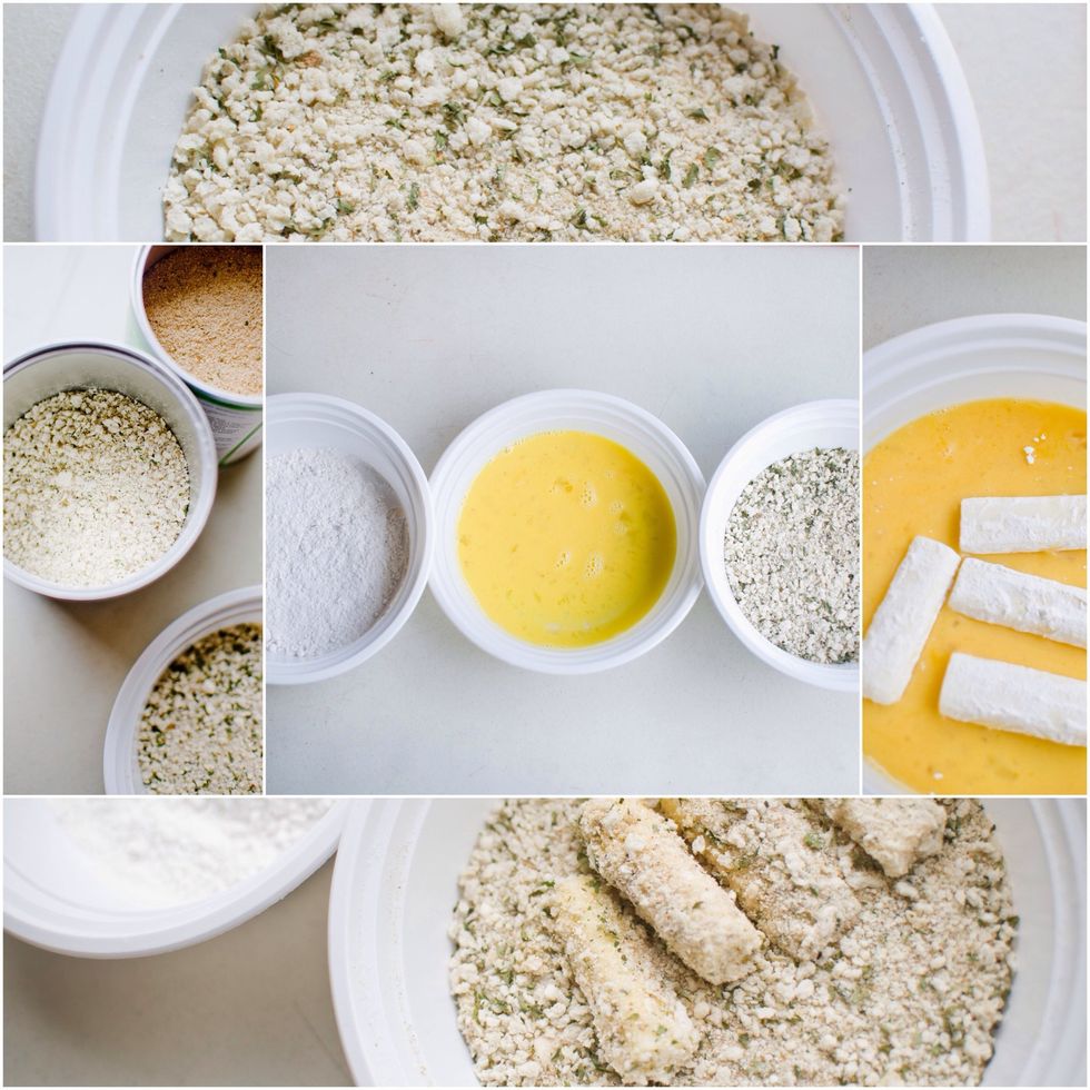 1. Put flour in to a bowl. 2. Put beaten egg into another. 3. Place bread crumbs, parsley, and cheese into a 3rd.