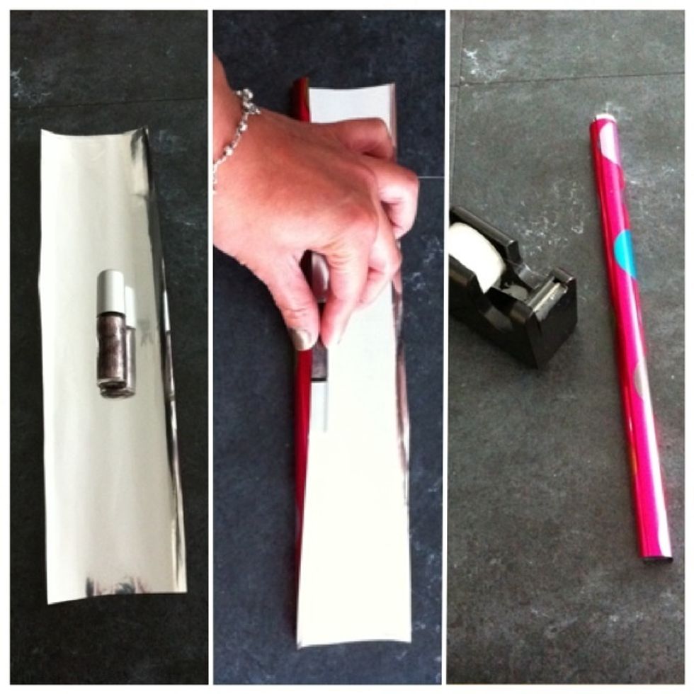 1) put the gift in the wrapping paper; 2) start to roll up the wrapping paper; 3) use scotch tape to stick it