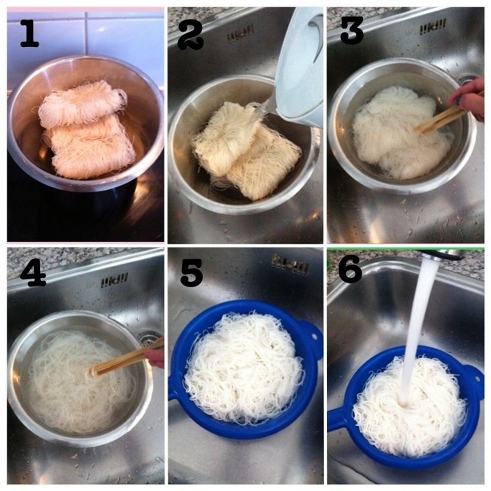 1) Put vermicelli in bowl; 2) Pour boiled water over vermicelli; 3) Seperate vermicelli; 4) Like this; 5) Drain water; 6) Optional: rinse with lukewarm water and drain water again. Then put aside.