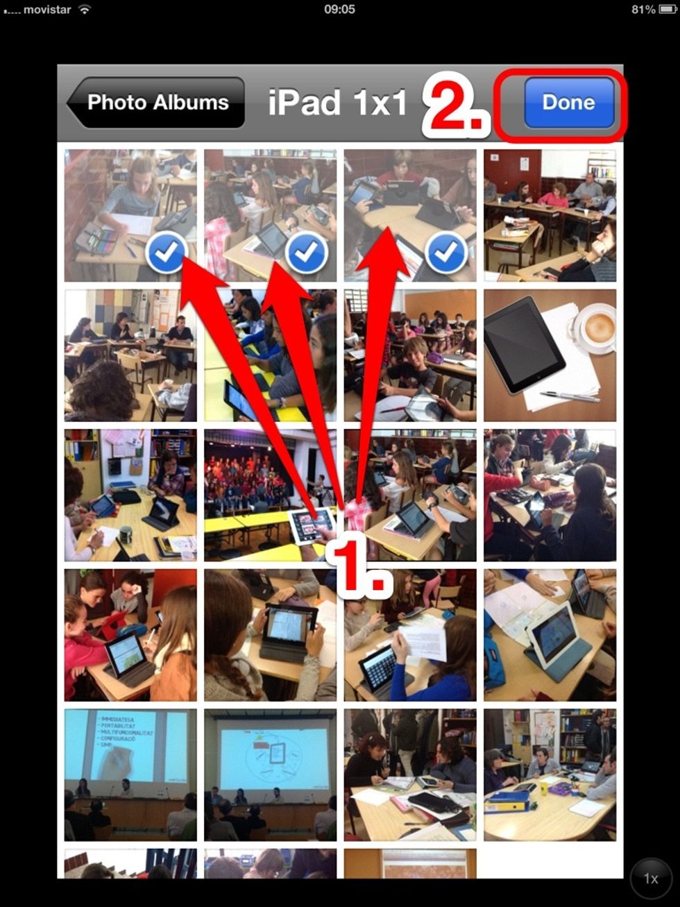 1. Seleccioneu fent "tap" a cada imatge que voleu pujar a Flickr. 2. Feu "tap" a "Done"