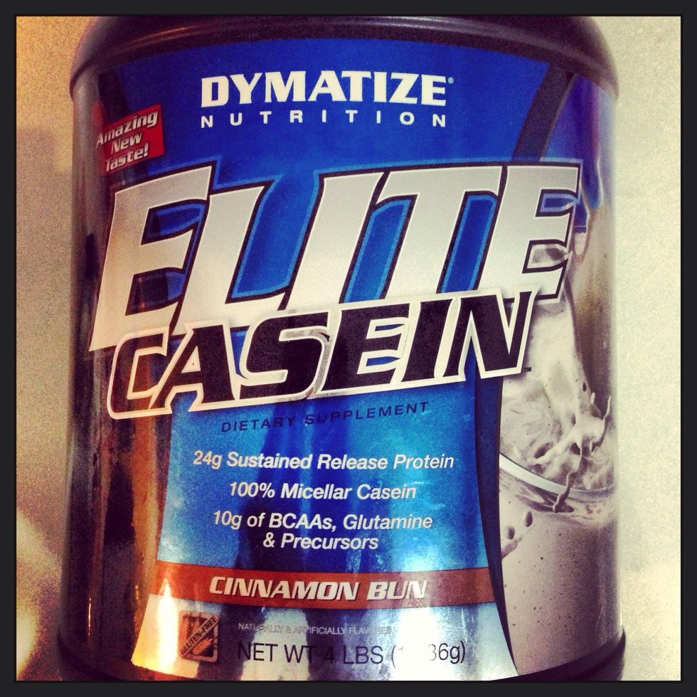 1 serving of Dymatize Elite Casein ( cinnamon bun flavoured.) Note: trust me, it's good.