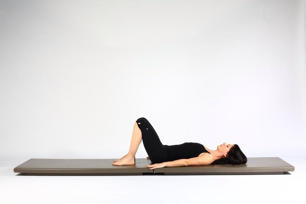 1. SHOULDER BRIDGE LIFT AND LOWER- Lie on your back feet hip distance apart. Feet should be close enough to the bum that you can push your feet directly down into the mat.
