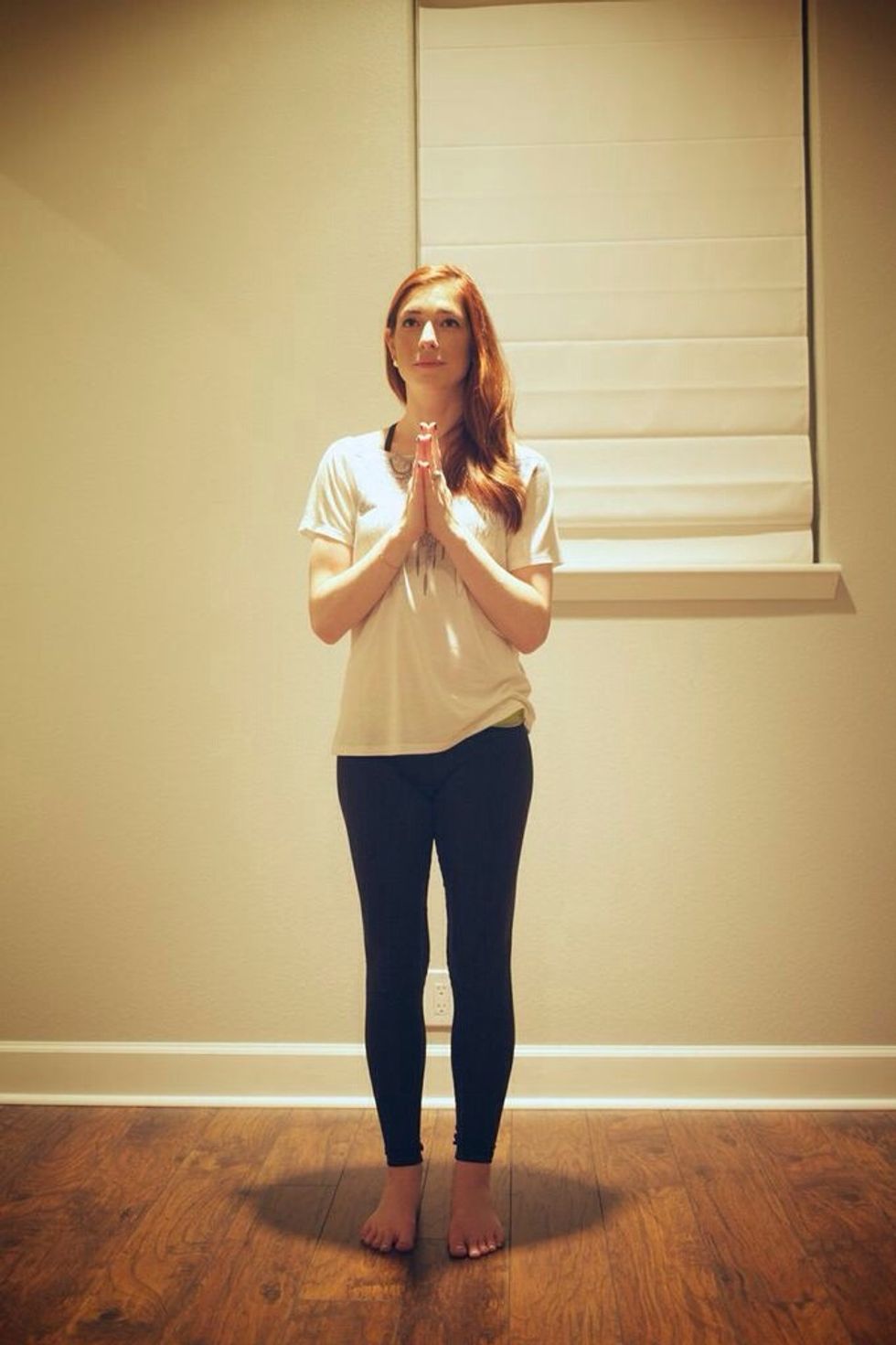 1. Start in Mountain pose and complete 3-4 vinyasas to get nice and warmed up. Then forward fold so your hands are touching the ground. You may need to bend your knees in order to touch the ground