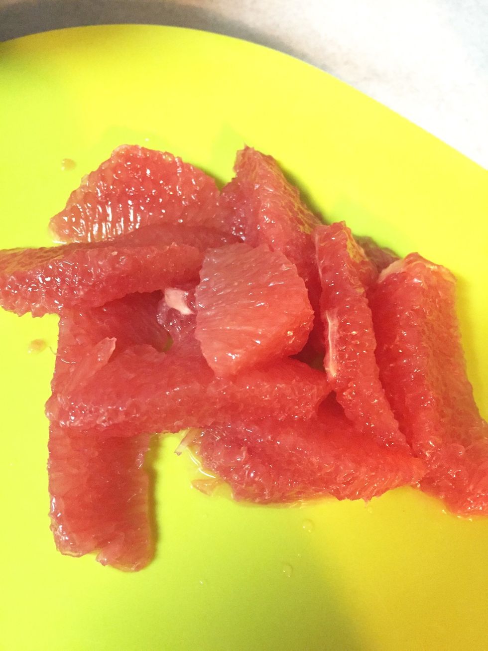 1) supreme grapefruit over bowl with pomegranate juice to capture juice as you work. 2) taste juice blend and if needed, add more grapefruit juice by squeezing what's left after sections are removed.