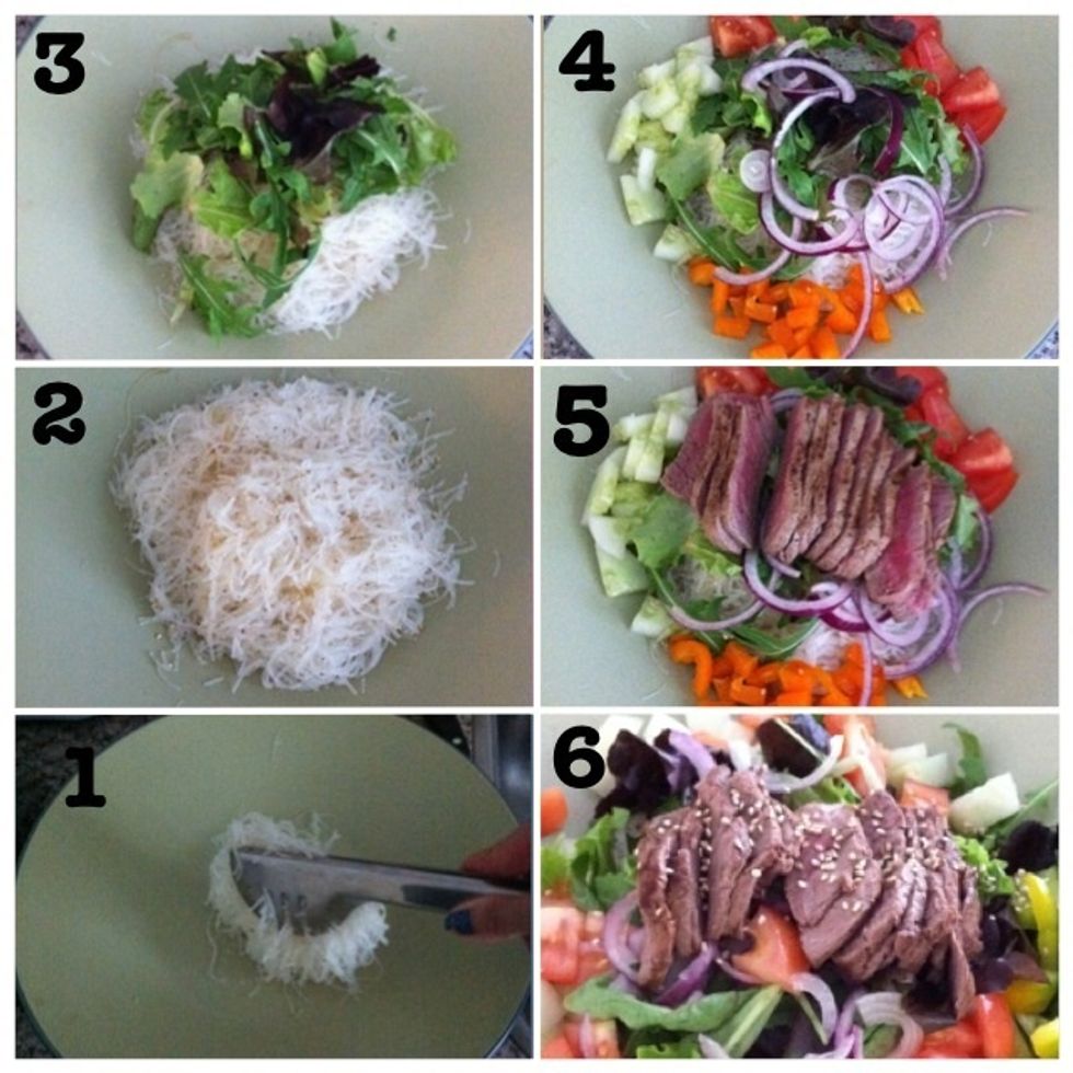 1) Take a plate and put vermicelli in the middle of it; 2) Like this; 3) Add salad; 4) Add diced veggies; 5) Add sliced beef; 6) Sprinkle sesame seeds on the top - Done!