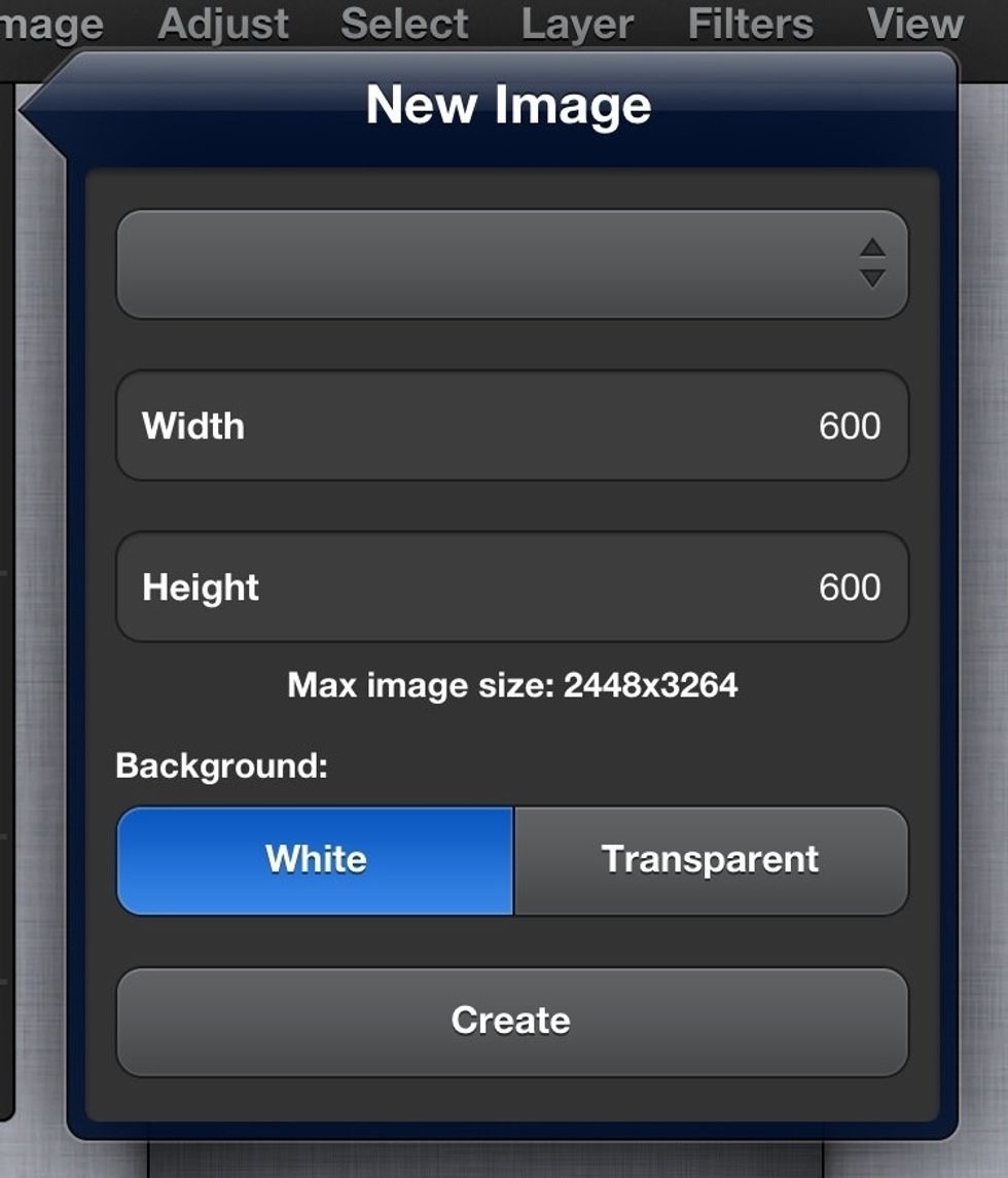 1. Tap File->New\u2026 to create new image, type "600" as width, "600" as height, and "White" background.