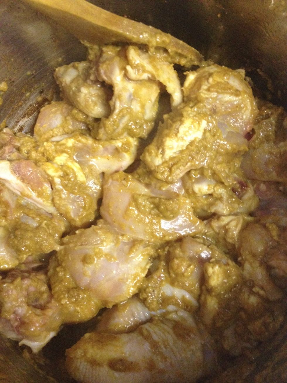 1. The well mixed chicken with the ingredients 2. Make sure it's on low heat 2. Pour in 5 cups of water or depends on how light or heavy the soup is