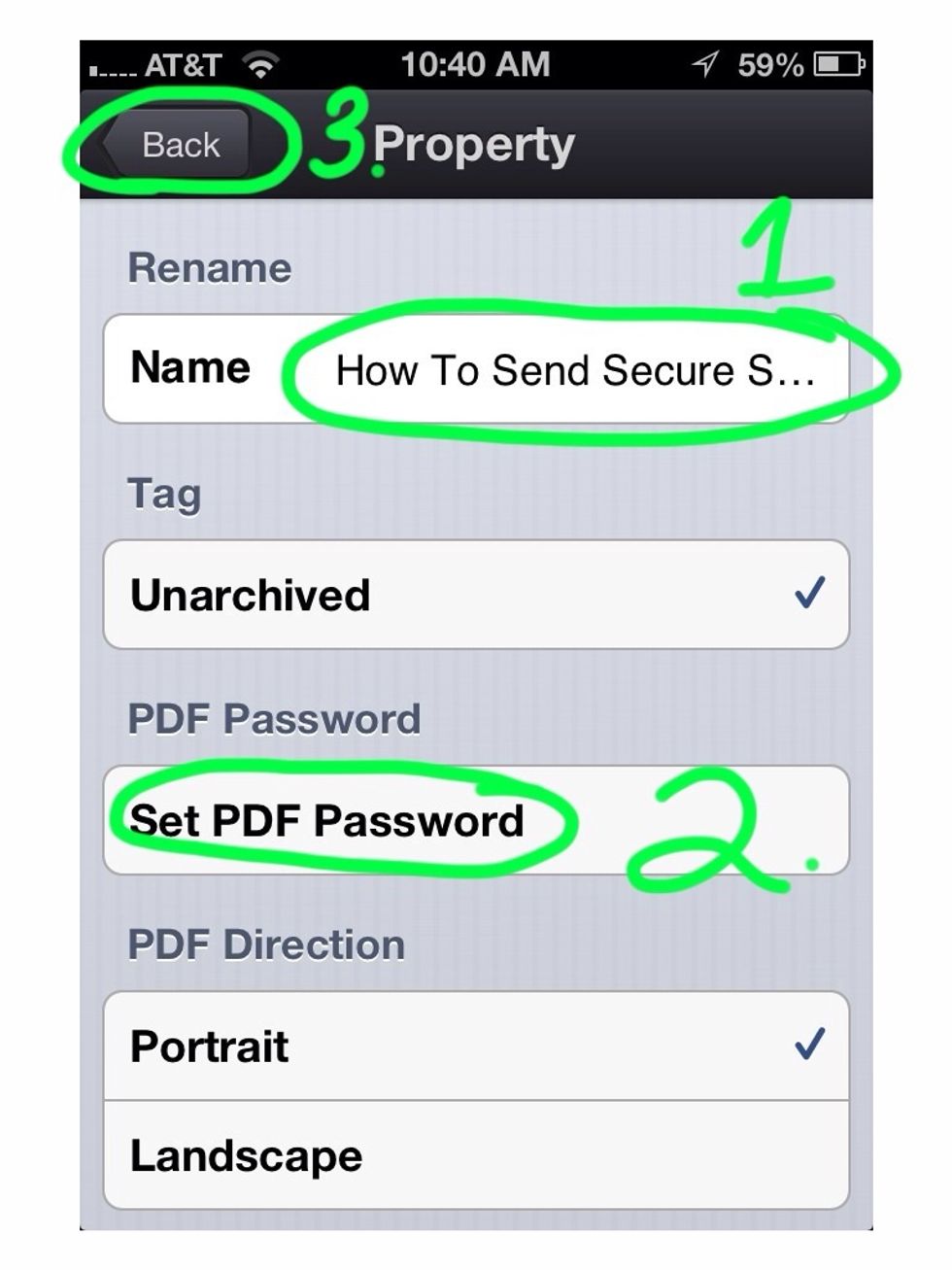 1. Touch where it says "new doc" and rename the document. 2. Touch Set PDF Password to password the PDF file. You'll have to enter the password twice. 3. Press the back button when you are done.