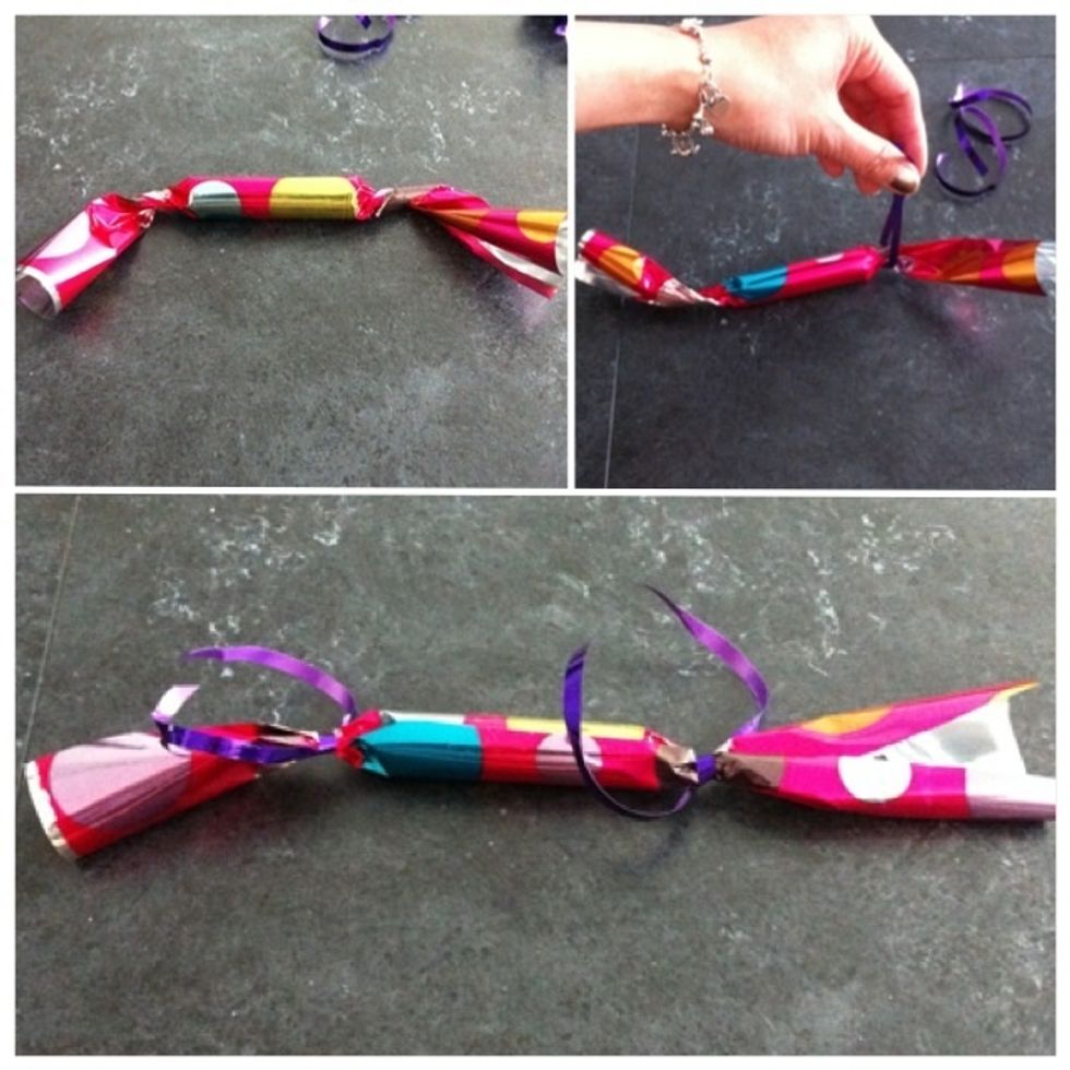 1) twist both ends; 2) take a ribbon to tie up one end; 3) and then the same for the other end