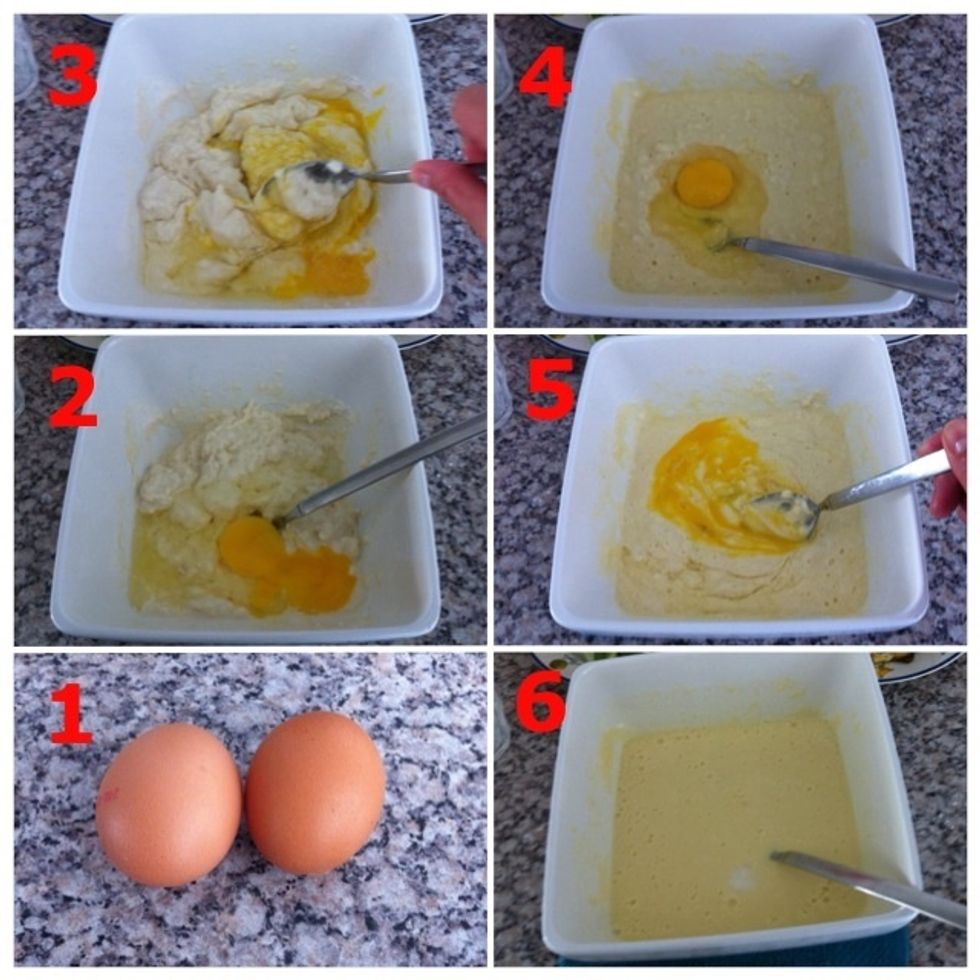 1) Two eggs; 2) Add one egg to mixture; 3) Mix well; 4) Add second egg to mixture; 5) Mix very well; 6) Like this