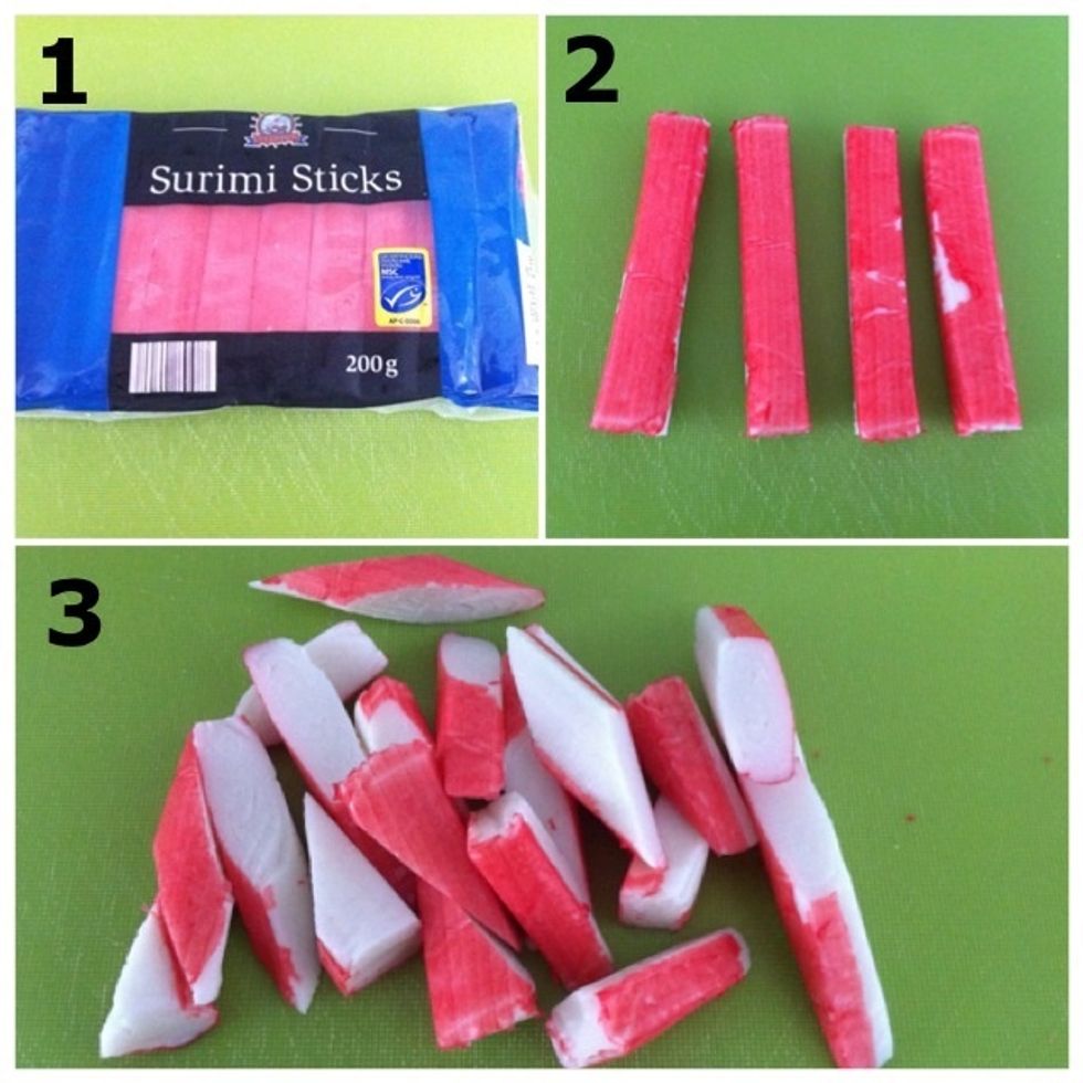 1) Unpack surimi sticks from package; 2) Unwrap each stick; 3) Cut into pieces (I cut 4 pieces out of one stick)