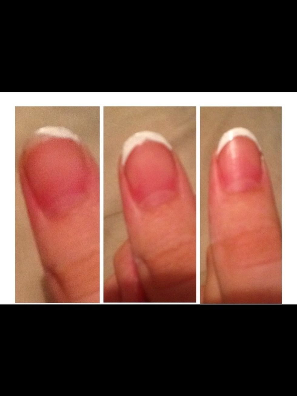 1.Using the semi-clear part of your nail as a guide, apply a small amount in a solid stroke inwards. 2.Repeat step 1 on the opposite side. 3.Touch up the middle. 4.Repeat on all fingers 5.Add Topcoat