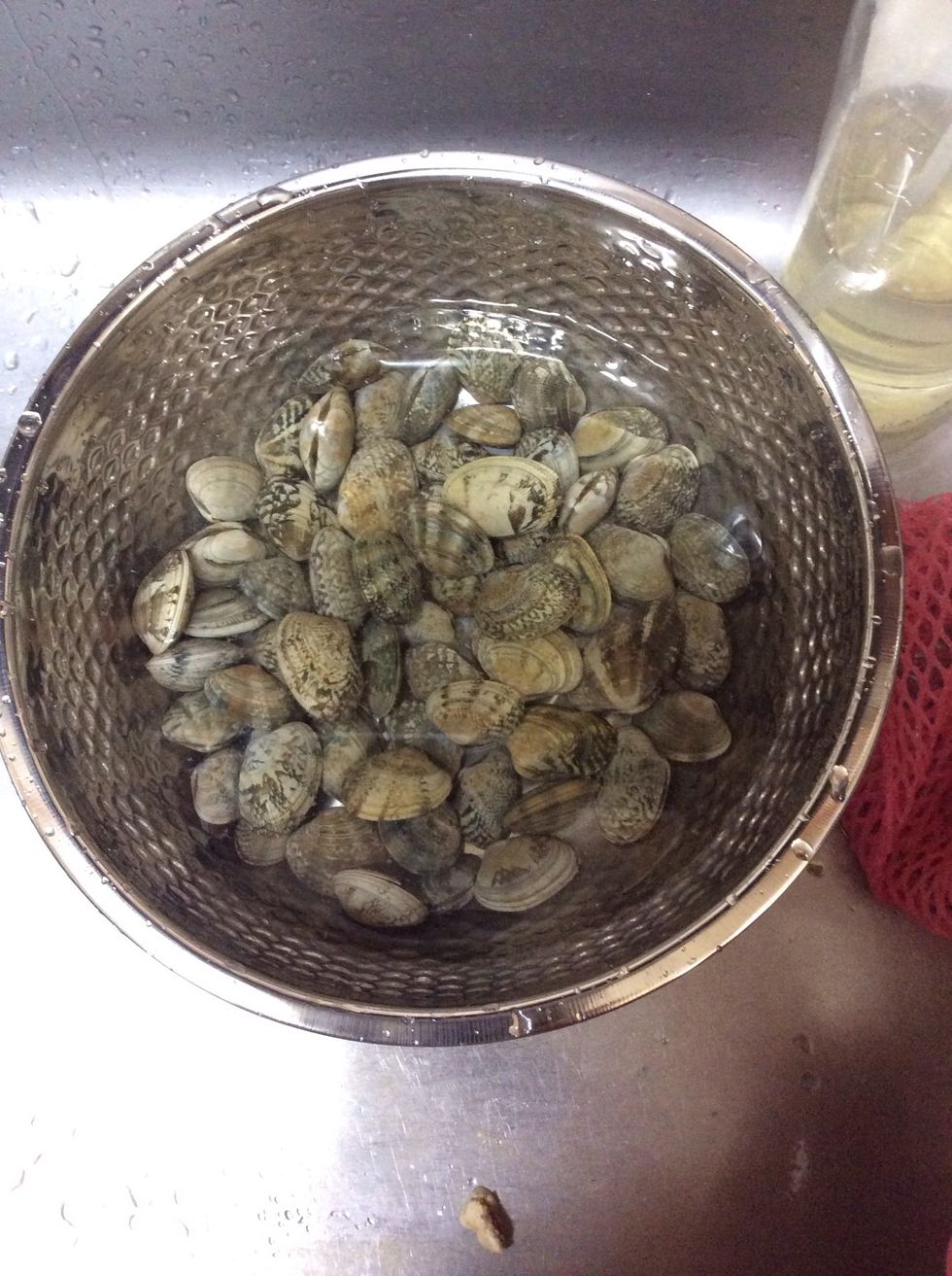 1. wash out sediment (Prepare 2 packs of clam. Mostly short-necked clam in use. Other kinds also OK.)