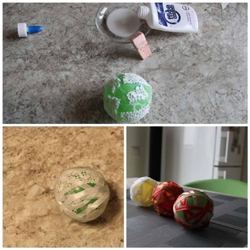 1. wipe white glue around bloated balloon. 2.wrap around with what ever material you have. 3. second layer of white glue. 4. continue with the laces or favours and finish with the glue