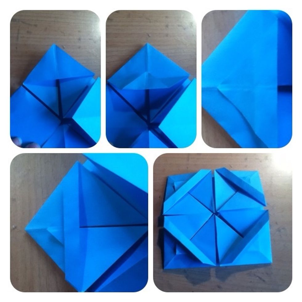 10. Fold one flap up to make a triangle, unfold 11. Fold the tip up to the line you just made, unfold 12. Fold the line you just made to the previous line 13. Fold along the first line, repeat