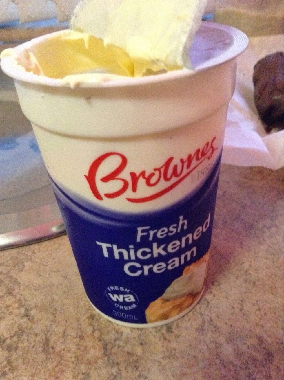 10.) Get a medium sized mixing bowl, and pour in 1/2 cup (maybe 1 cup) of thickened cream