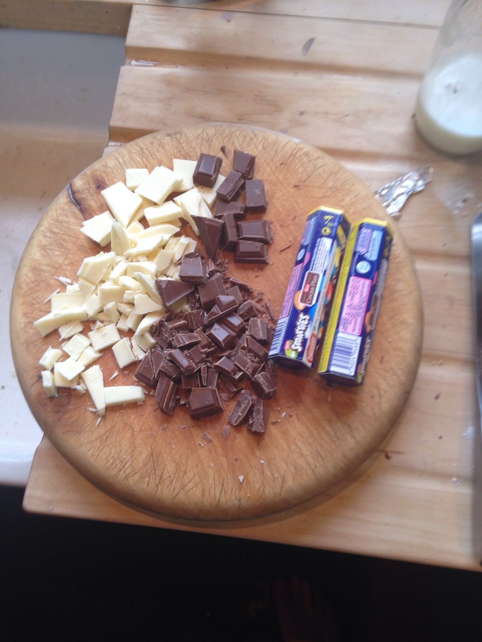 100g milk chocolate, 100g white chocolate, 2 pots of smarties