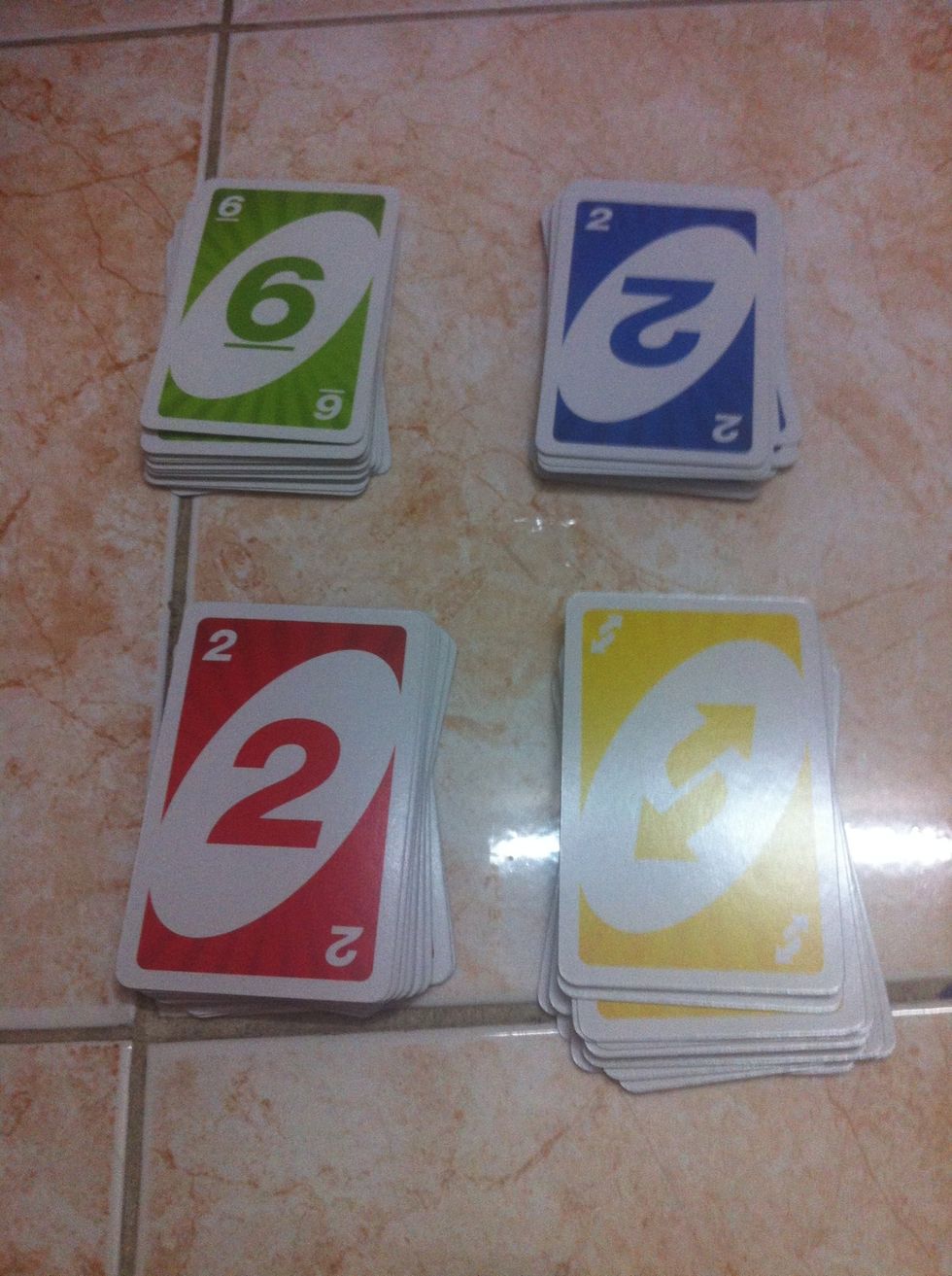 108 card include: 19 blue cards (0-9), 19 red cards (0-9), 19 yellow cards (0-9), 19 green cards (0-9)