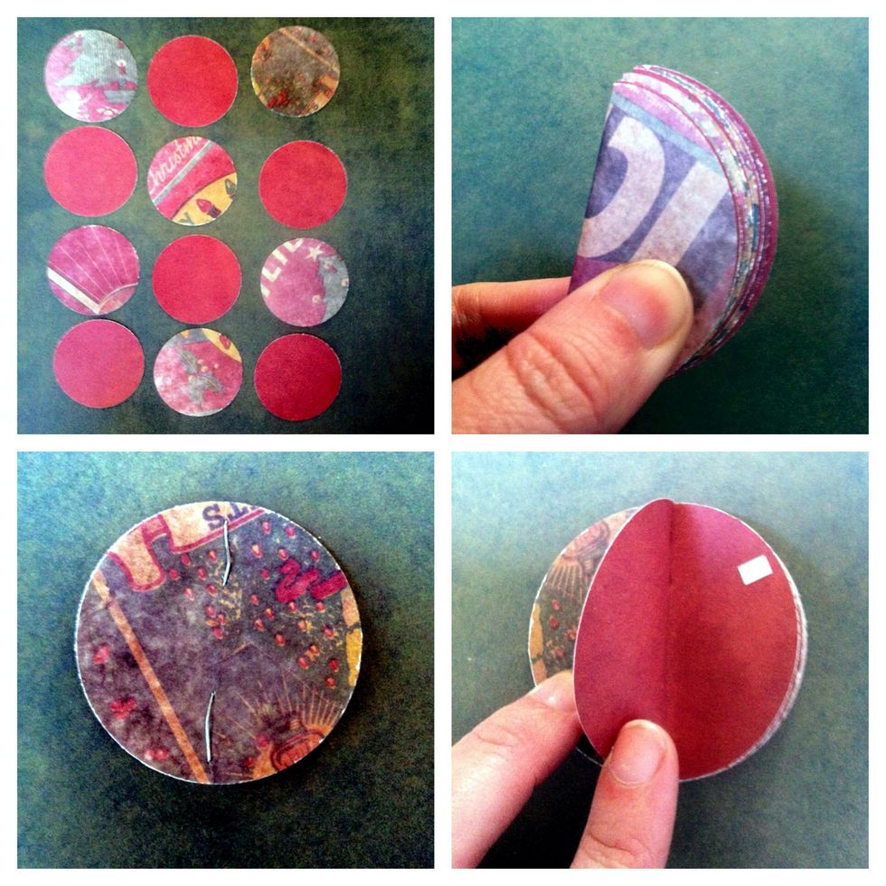 12 circles. Any size. I used 2" circle punch w/ scrapbook paper. Fold them in 1/2, unfold, fold in 1/2 other way, & unfold. Staple in crease. Place hot glue where white square is & press to other 1/2.