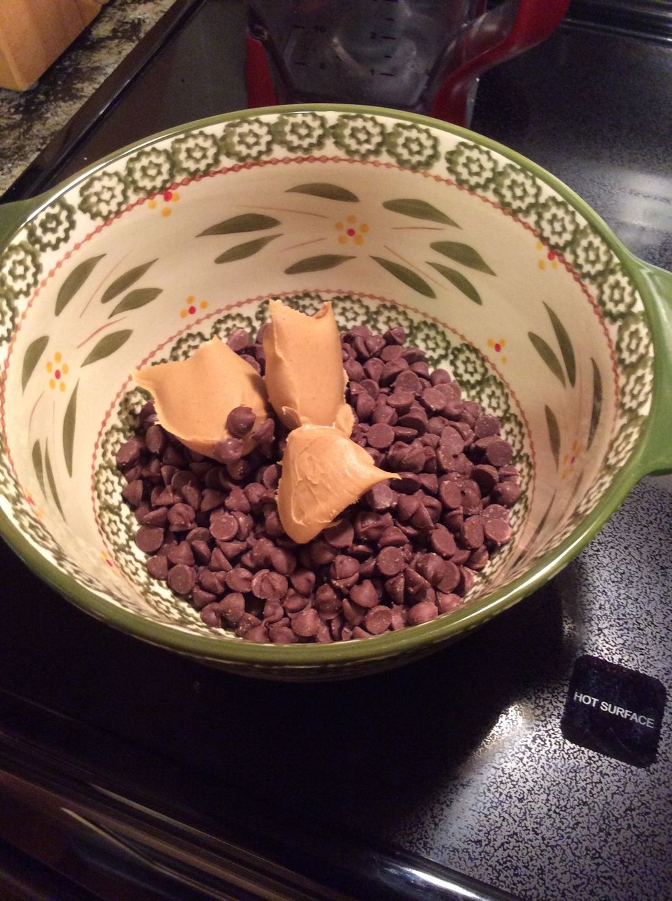 12 ounces chocolate chips and 3 tablespoons of peanut butter in a large glass (or heat proof) bowl.