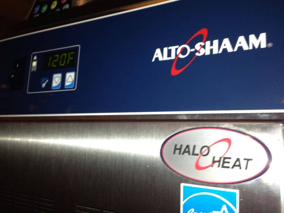 120F (49C) in the Alto-Shaam holding cabinet overnight.