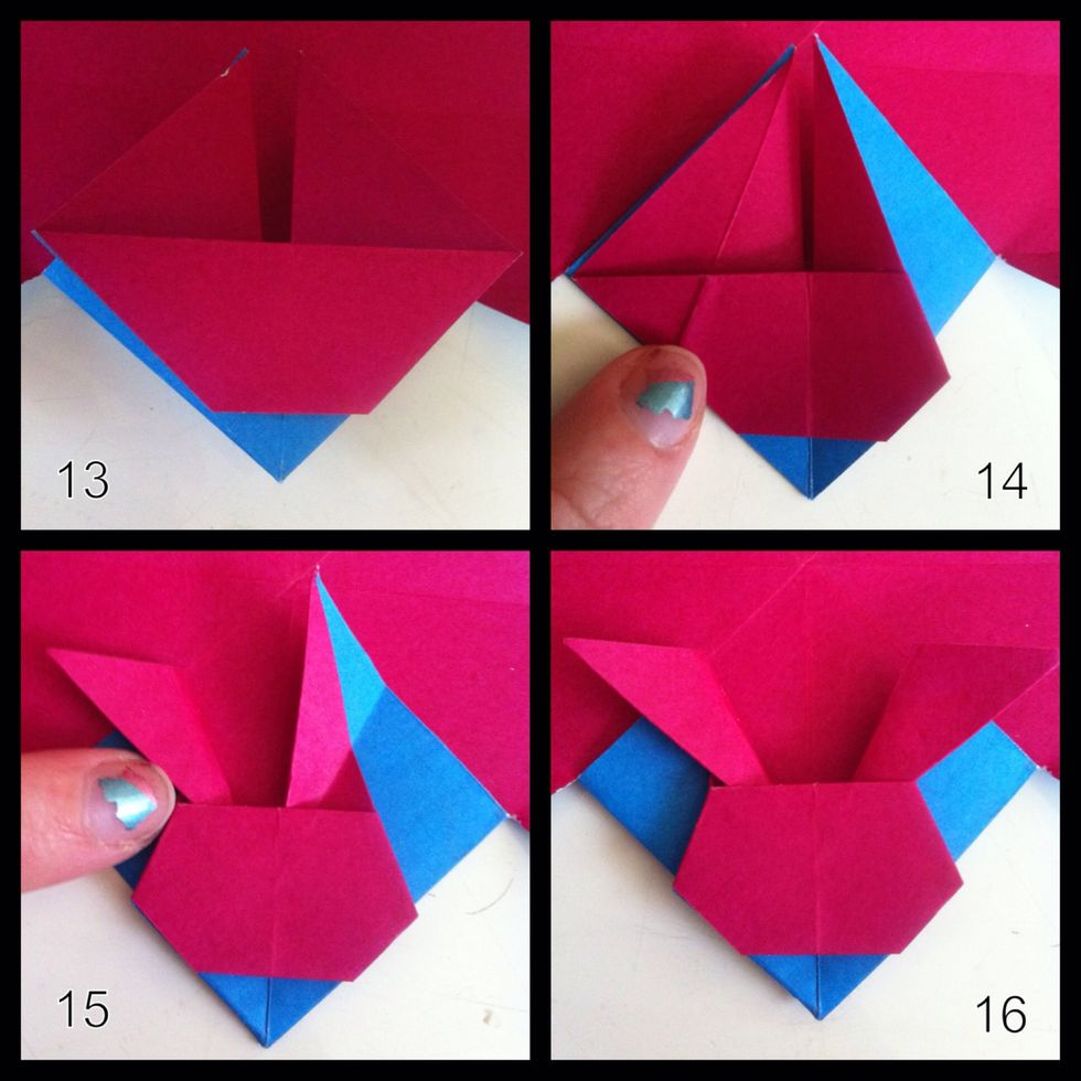 13=fold top layer down. 14=follow crease shown on left side, fold behind on both sides. 15=follow crease on right side, fold ear downward; edge of ear touches face. 16=notice fold is made behind head.