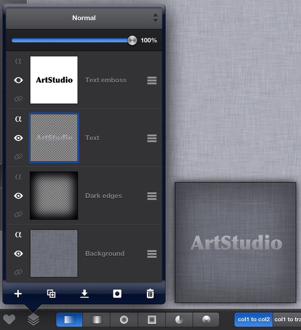 13. Let's set color to text, it can be plain color, but i use gradient. Hide "Text emboss" layer, activate "Text" layer, and enable "Lock alpha" property by tapping small "alpha" icon in "Text" layer.