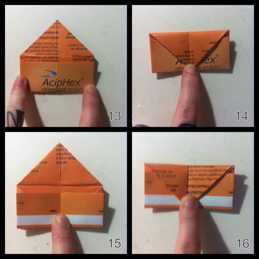 13.Repeat on back. 14.Fold tip to bottom. Unfold. 15.Flip over & 16.Repeat.