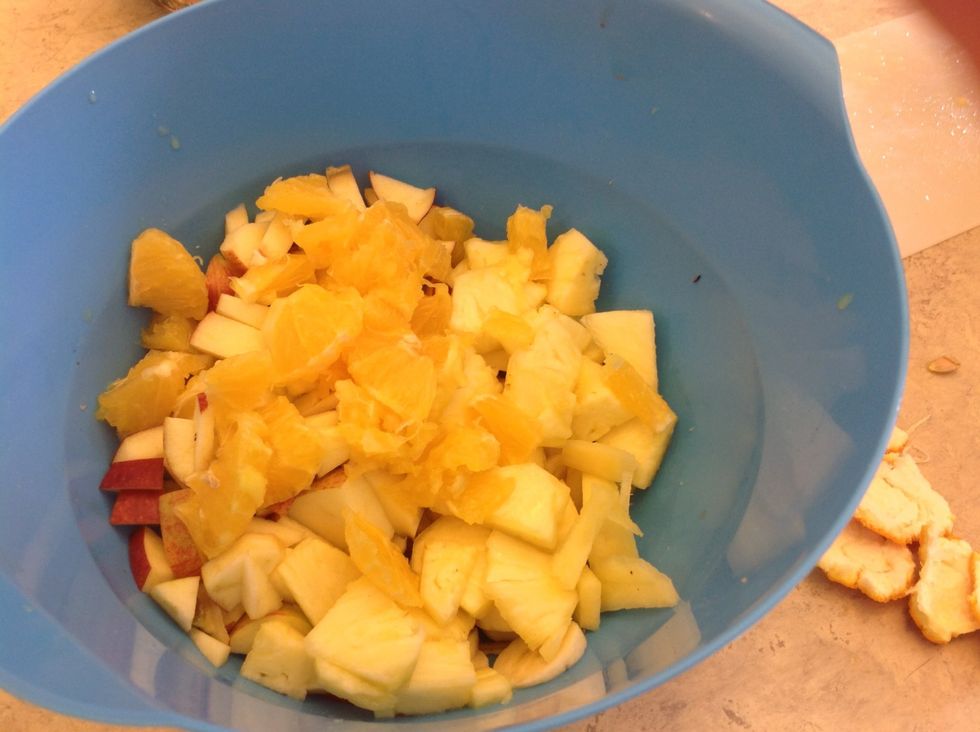 14. Put the oranges into the bowl.