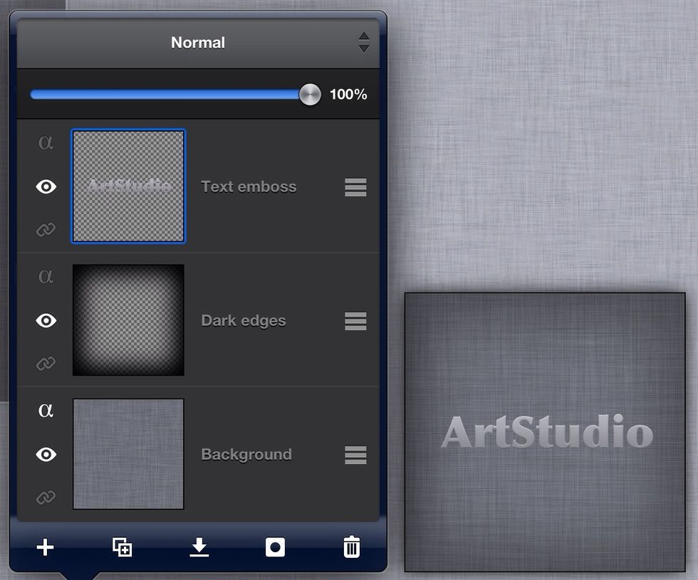 14. Time to emboss the text. Unhide and activate "Text emboss". Tap Filter->Blur\u2026->Blur. Tap Filter->Stylize\u2026->Emboss\u2026 and set Angle:0 Strength:6 Invert:Off. Then change blending mode of "Text emboss"