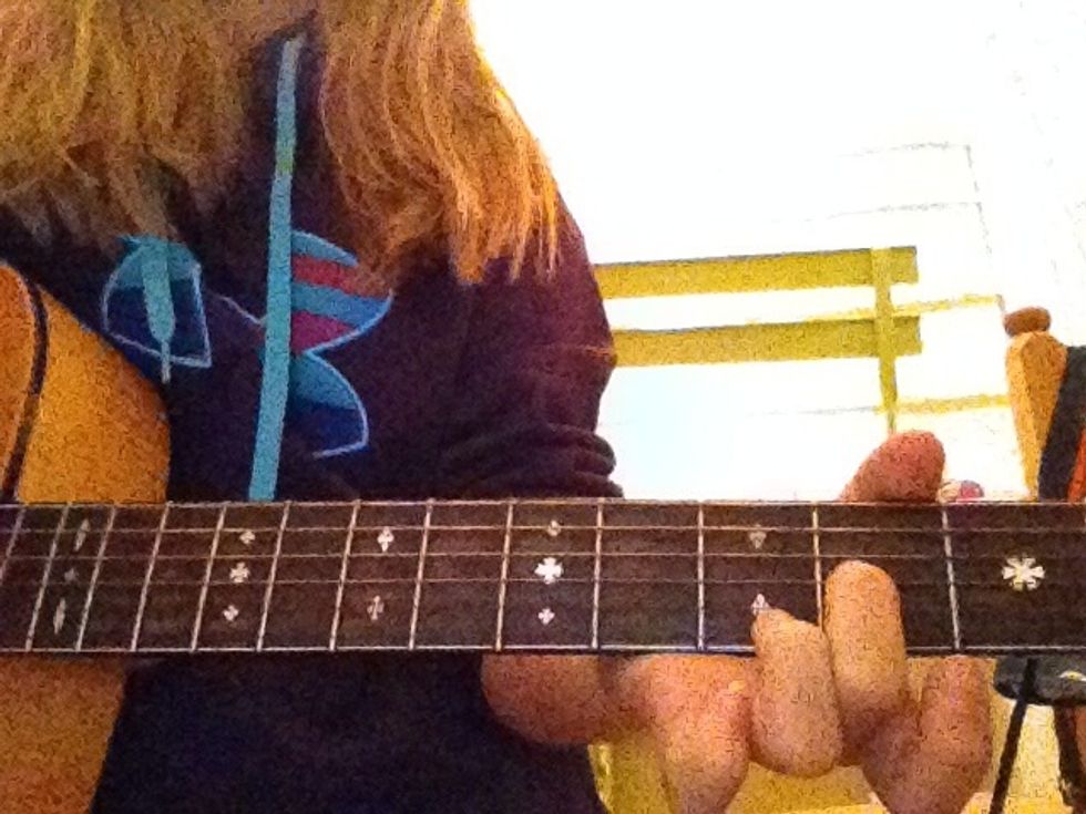 15.) To play a D Major chord, place your middle finger on the 2nd fret G string.