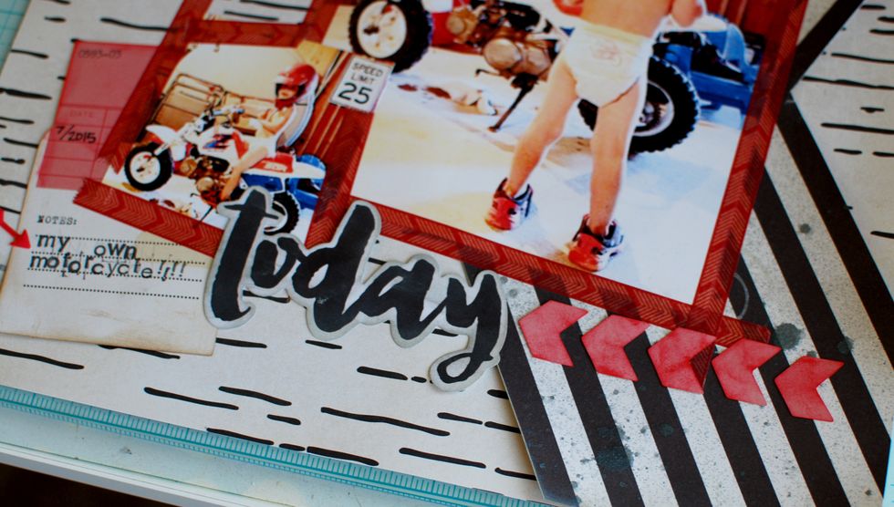 15.\tUsing double sided tape, secure the today die cut and place the red arrows to the right side of it.