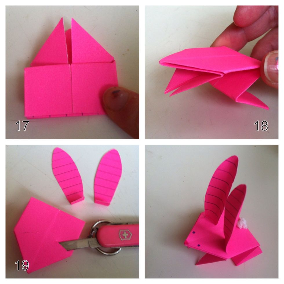 17=like this. 18=turn over; hi frog. 19=cut out ears; fold up a tab on bottom of each ear; cut slit to slide n glue ear tab into or just glue ear tab directly to head. Glue on a tail & draw on a face.