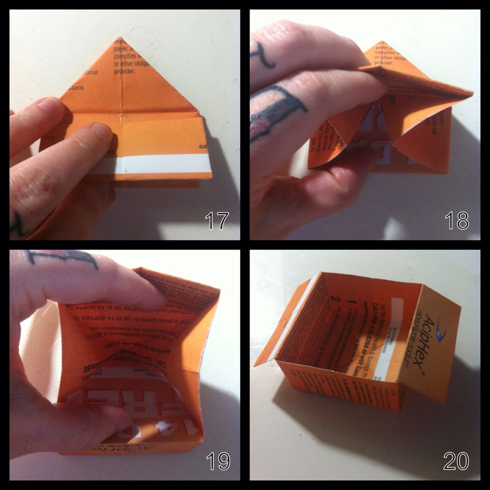 17.Slide finger between layers. 18.Carefully open out. 19.Push on bottom center & 20.There you have your sturdy main box!