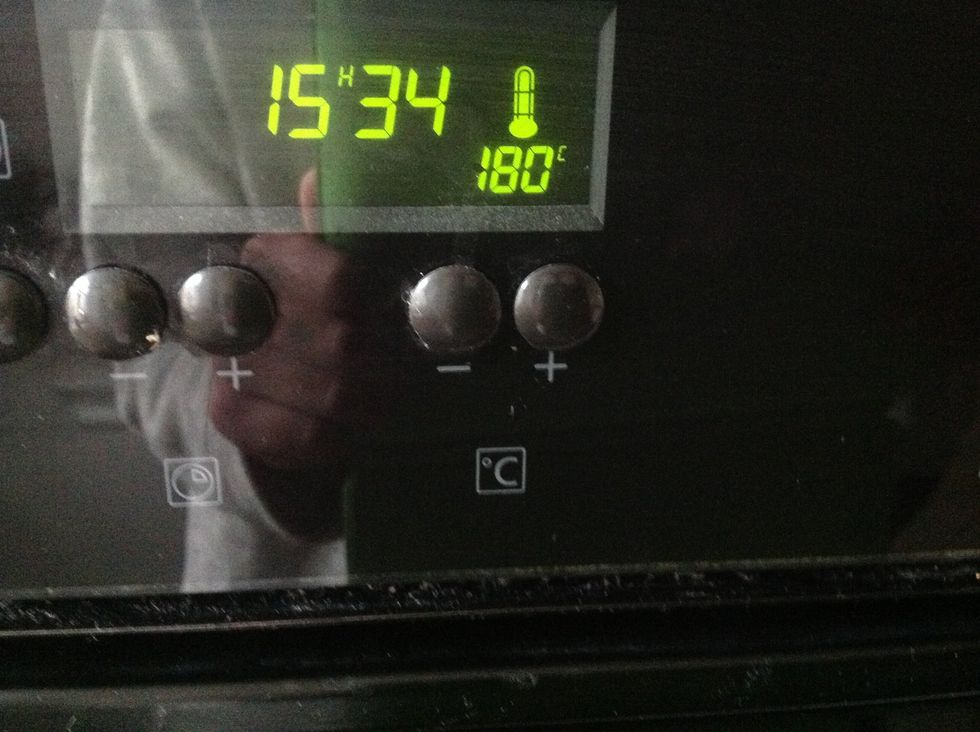 180 C in 30 min. Then check with a meat needle. Stick the meat needle in the cake, if the needle is clean your cake is ready \u2714