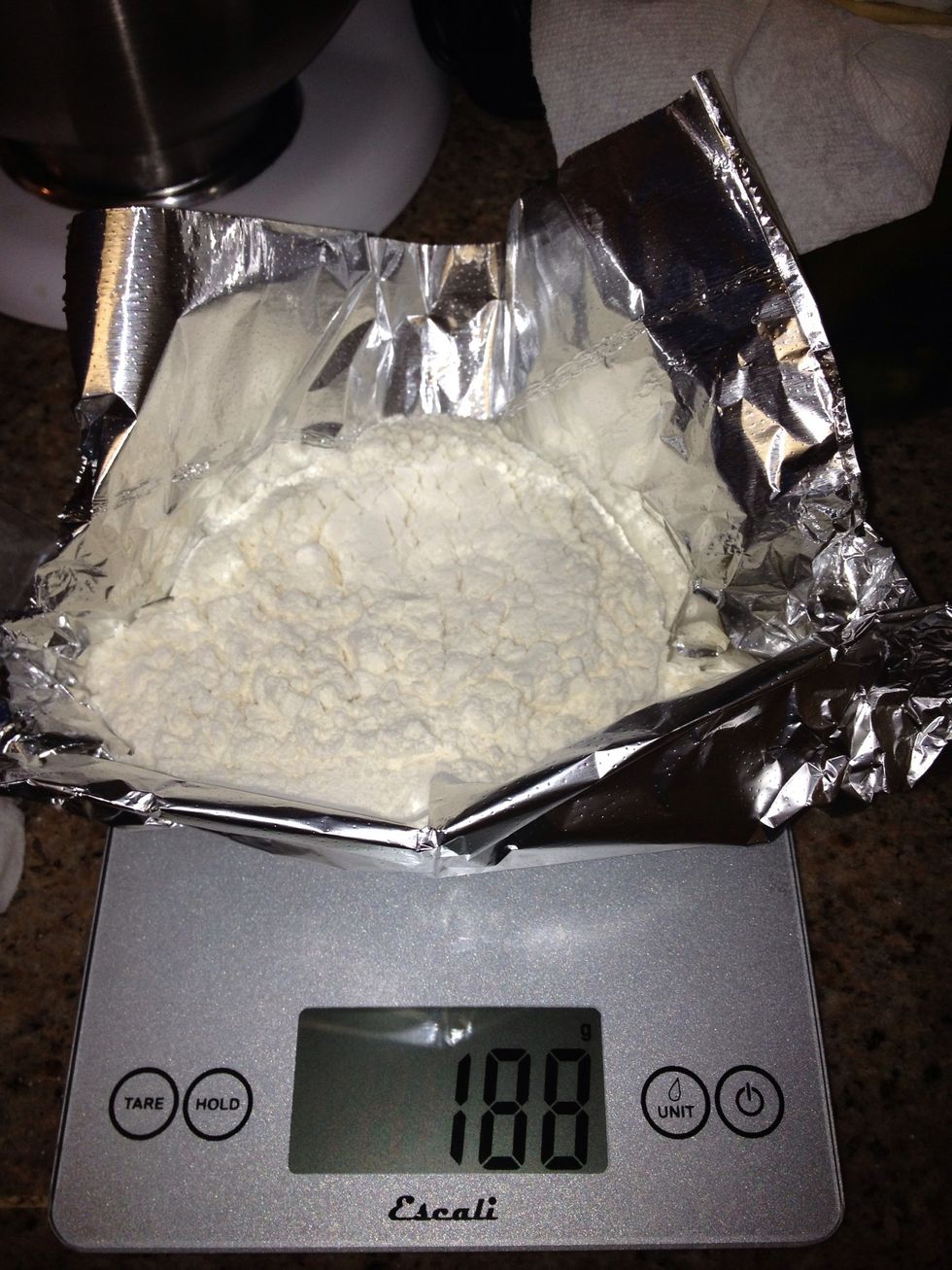185 grams o' flour drop into mixer with dough attachment. If you don't have a scale for baking buy one. 1 cup is never 1 cup..