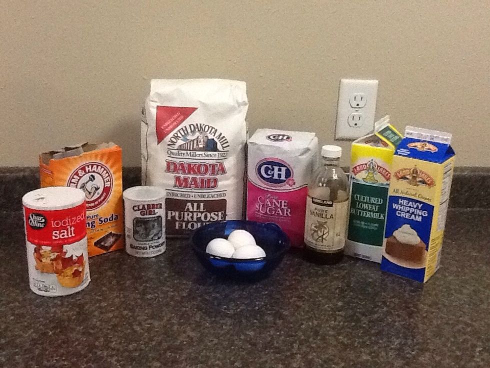 1C. Whipping cream, 1/2C. Buttermilk, 3 egg yolks, 1C. Sugar, 1/2Tsp. Salt, 1Tsp. Vanilla, 3 1/4C. Flour, 1Tsp. Baking soda, 2Tsp. Baking power.