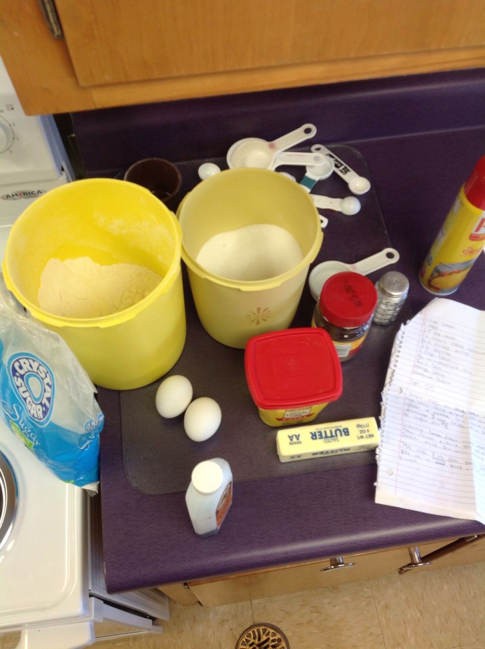 1cup sugar 2 eggs 1T hot water 2t instant coffee granuals 1/4 cup melted butter 1t vanilla 1 cup flour 2/3 unsweetened cocoa 1/4t salt Cooking spray Powdered sugar