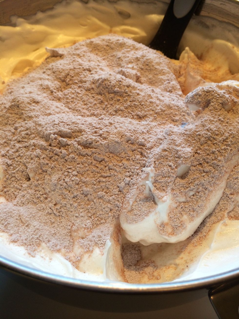 1st,  Add the sifted flour, sugar and cocoa to the whipped egg whits in 3 additions.