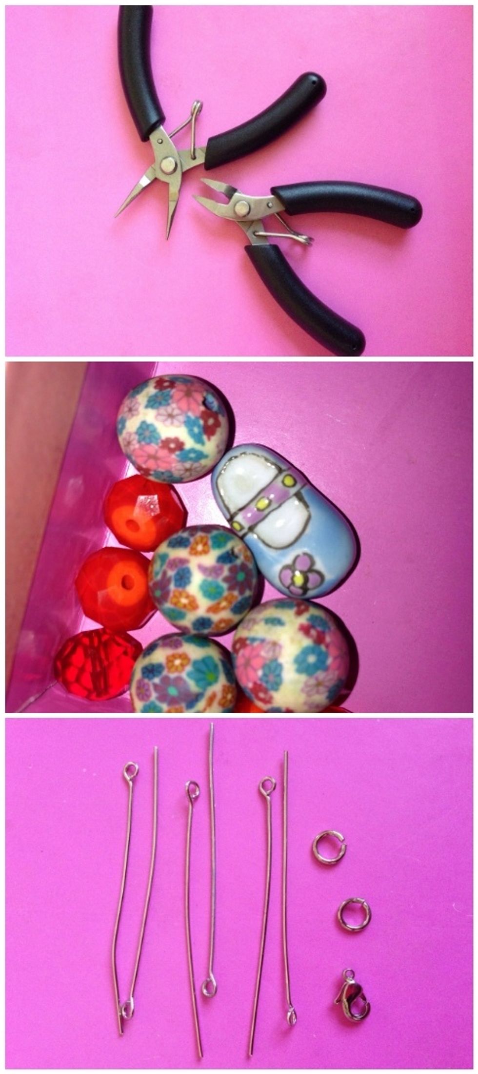 1st photo: Long Nosed Pliers and Cutting Pliers; 2nd photo: Assorted Beads; 3rd photo: Eye pins, Jump rings, Lobster Claw Clasp