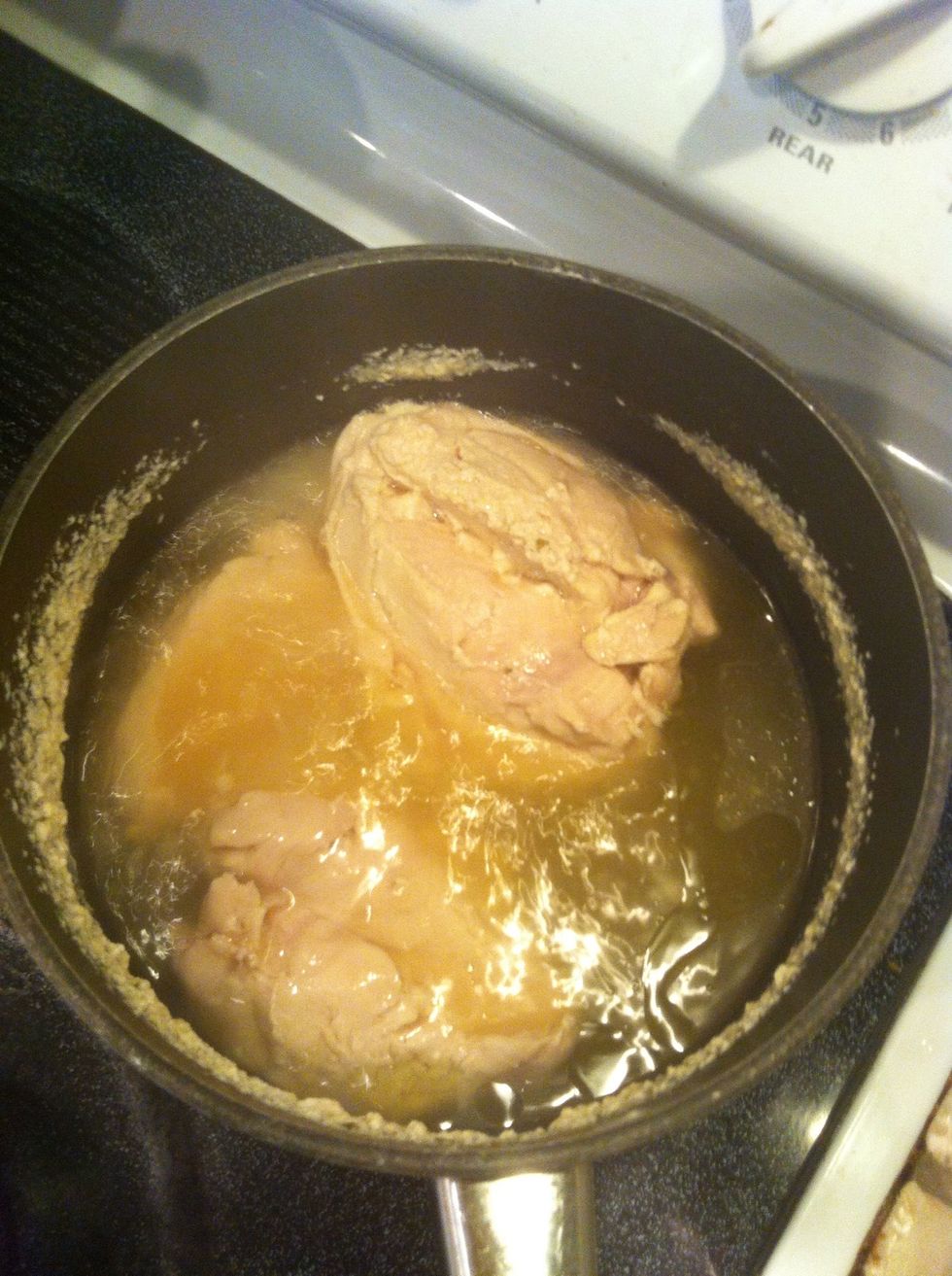 1st step is to boil the chicken breast about 45-1 hr.  Taste the chicken and make sure it's tender.
